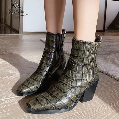 Sgesvier big size 34-43 women boots square toe slip on thick high heels autumn boots female classic ankle boots for women 2020