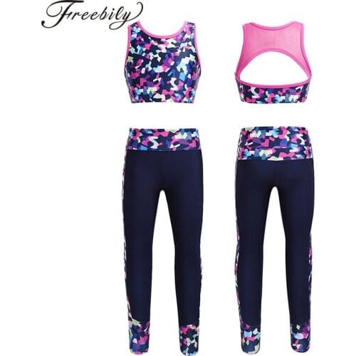 Kids Girls Ballet Dance Sets Gymnastics & Dancewear Outfit Digital Print Sleeveless Mesh Racer Back Tanks Crop Top with Leggings