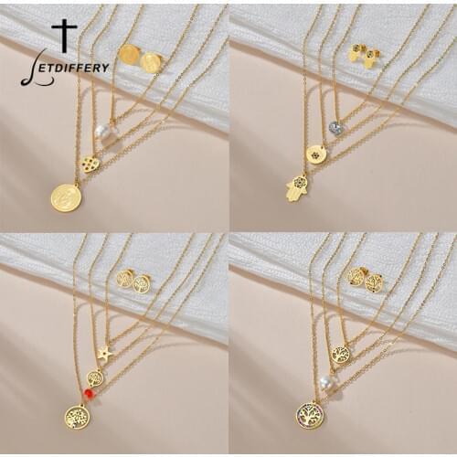 Letdiffery Vintage Beads Tree of Life Charms Jewelry Set for Women Stainless Steel Cross Fatima Amulet Necklace Wedding Jewelry