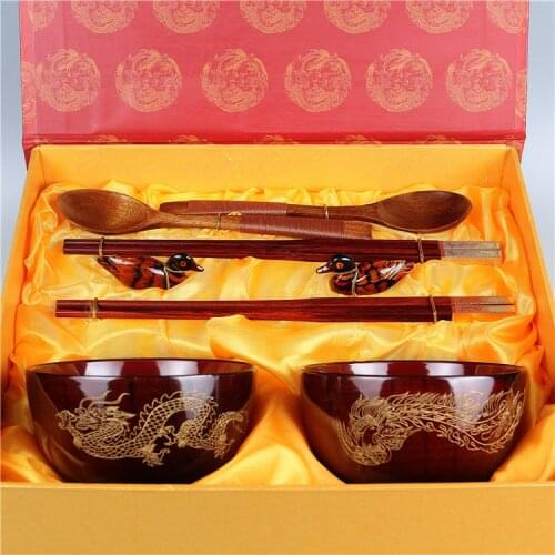 High-end Wooden Tableware Gift Set Dragon and Phoenix Wedding Tableware Gift Dinner Set Travel Cutlery Set Kitchen Utensils Set