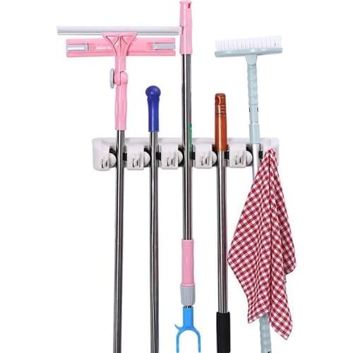 Zhangji 5 Slots 6 Hooks Mop Holder Organizer Bathroom Shelf Rack Storage Wall Holder Mop Storage Rack Broom Holder Storage