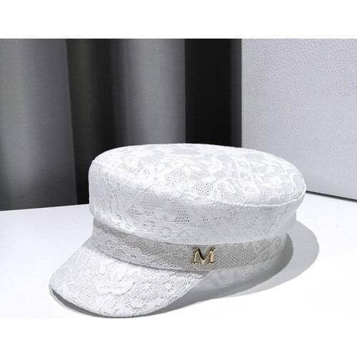 Women Caps with M Metal Sign Lace Floral Solid Newsboy Caps 2021 New Spring Octagonal Hat for Ladies White Black