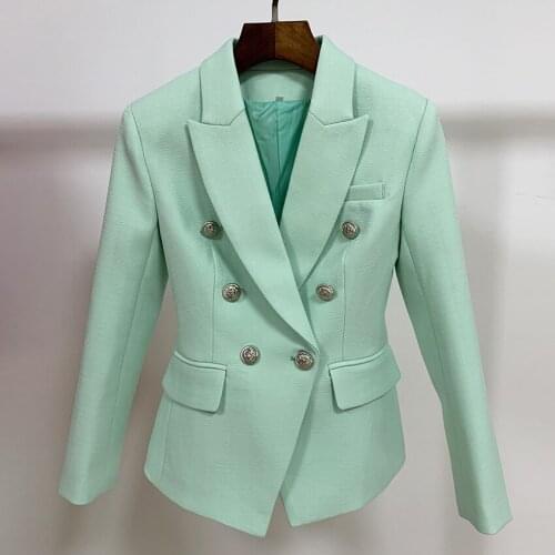 2021 High Street Classic Baroque Designer Blazer Jacket Womens Metal Lion Buttons Double Breasted Textured Blazer Mint Green