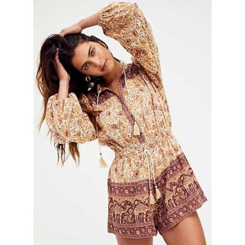 Supcer Chic bohemian floral playsuit for women long sleeve adjustable tie waist rompers womens jumpsuit shorts summer gypsy