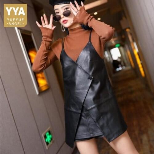 Women Camisole Dress Designer Short Sheepskin Irregular Dress Single Button Genuine Leather Black V-Neck Chest Wrapping Dress