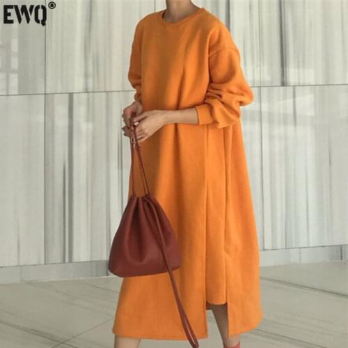 [EWQ] Korea Chic Casual Trend Women Solid Color Round Neck Loose Fashion Long-sleeved Blue Sweater Dress Autumn 2021 16E1413