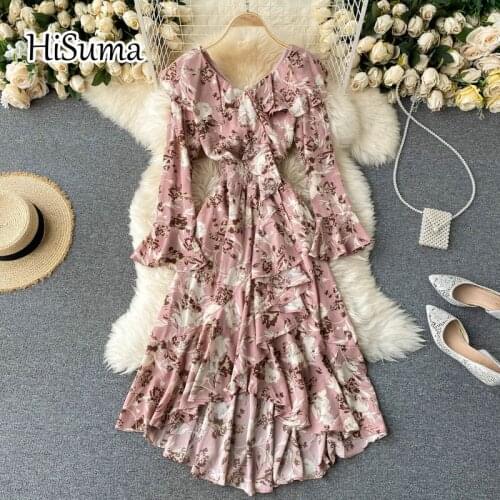 2021 spring new women V-neck Flare sleeve flower print ruffles chiffon A-line dress female Chic elegant irregular dresses