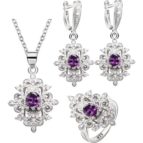 Purple Zircon Silver Color Jewelry Sets for Women Earrings Necklace Pendant Ring Green Blue
