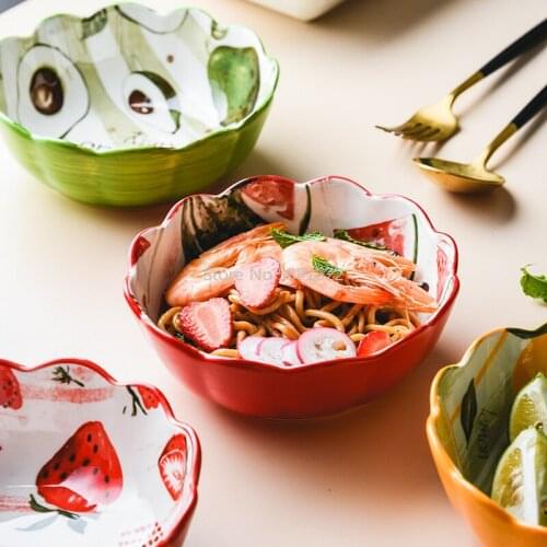 Creative Japanese Hand-painted Tableware Net Red Ceramic Bowl Cute Noodle Bowl Strawberry Lace Bowl Home Baking Rice Bowl