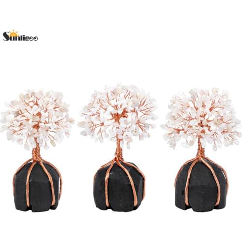 Sunlight Healing Moonstone Sunstone Tree Copper Wire Tree of Life Wrapped Black Obsidian Base Feng Shui Lucky Stones Home Decor