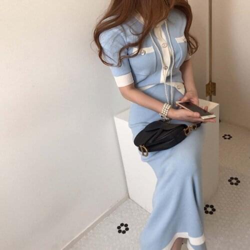 One-Piece Fashion Korean Elegant Knitted 2 Pieces Sets Hit Color Single Breasted Short Sleeve O-Neck Tops+ High Waist Long Skirt