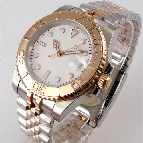 Dress Rose Gold Two Tone Plated 24 Jewels NH35 Men Watch White Dial Screw Down Crown Unidirectional Bezel Jubilee Strap