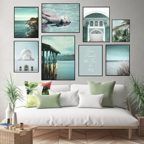 Backstroke Swimming Girl Wall Art Modern Islamic Mosque Canvas Painting Nature Scenery Poster Bathroom Decoration