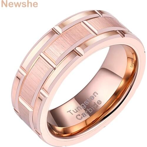 Newshe Mens Tungsten Carbide Ring 8mm Rose Gold Color Brick Pattern Brushed Bands For Him Wedding Jewelry Size 9-12 TRX080