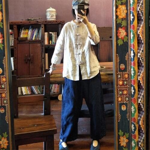 2021 New Simple Fashion Linen Sand Wash Solid Color Art Retro Shirt Chinese Style Clothing for Women Thin Coat Tang Suit Tops