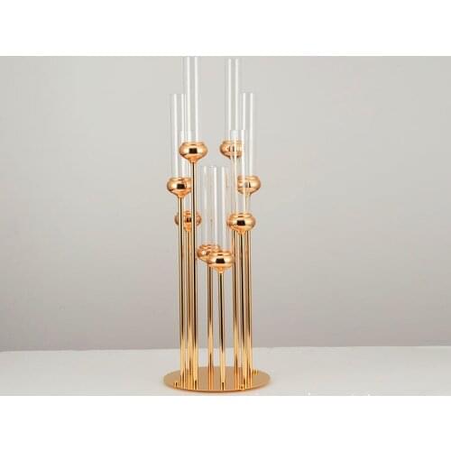 New 8 Heads Gold Candlestick Wedding Table Center Flower Stand Glass Candle Holder Party Metal Road Lead