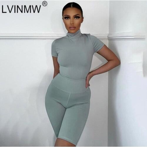 LVINMW Shorts Sets Pure Color Skinny Sports Casual Women Suits Mock Neck Short Sleeve Bodysuit Elastic High Waist Bottoms