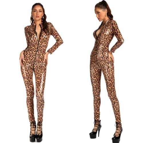 Sexy Wetlook Faux Leather Leopard Full Body Catsuit Cat Jumpsuit Bodysuit Zip Open Crotch Romper Costume