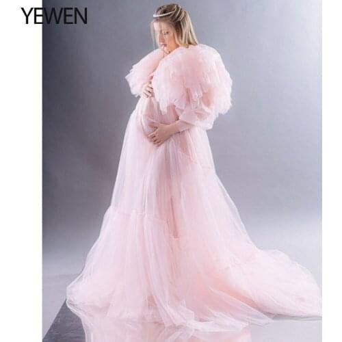 Ruffles V Neck Evening Dresses Woman Party Night Long Formal Dress Maternity Tulle Robe Photo Shooting Gowns YEWEN