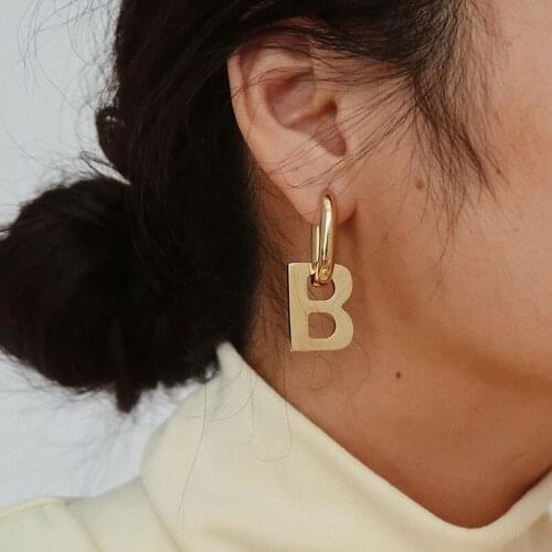 Initial Letter B hanging thick hoop earring for women stainless steel gold plated vintage luxury hoop earring winter fashion