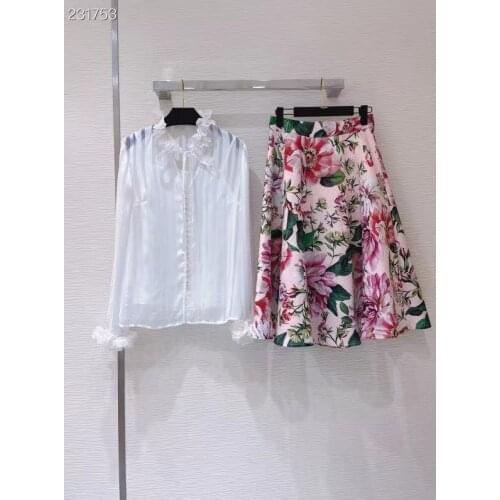 New 2021 Autumn Women Fashion Runway Skirts Set Long Sleeve Single Breasted White Blouses + High Waist Print A-Line Skirts Suits