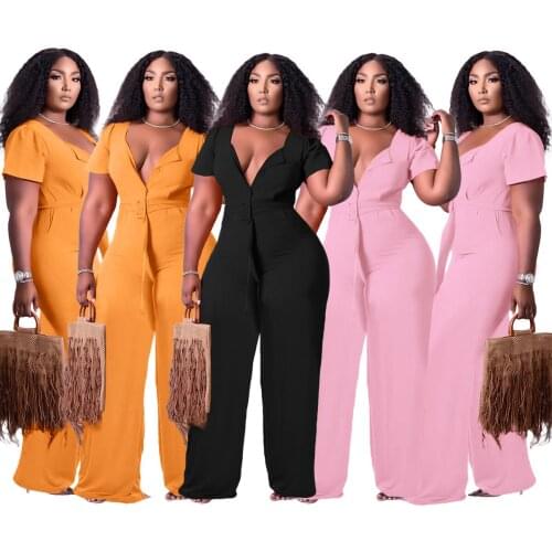 Office Style Fashion Women Loose Casual Puff Sleeve V Neck Short Sleeves Solid Color Wide Leg Jumpsuit Belt Pocket Wholesale