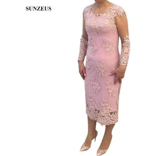 2019 Bridal Mother Dress Sheath Long Sleeves Tea Length Party Gowns Appliques Lace Mother Formal Dress Elegant Women