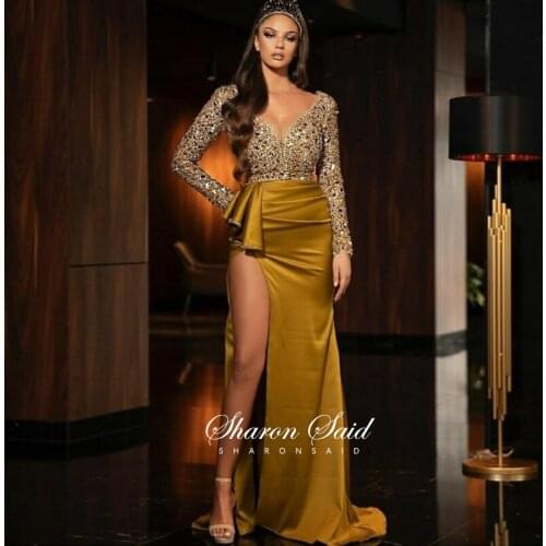 Sexy Gold Mermaid Evening Dress Long Sleeve V-Neck High Slit African Prom Dresses for Women Wedding Party Formal Graduation Gown