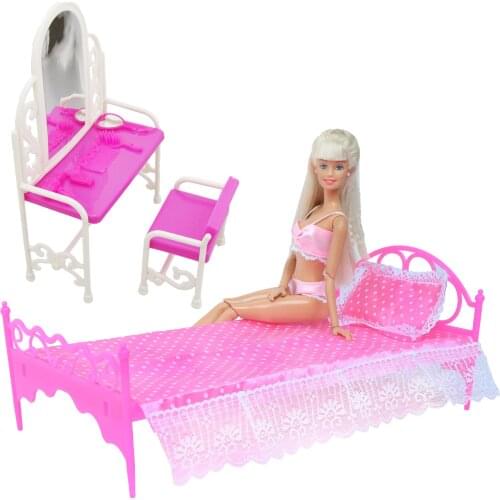 2 Set/ Pack Fashion Pink 1:6 Doll Furniture Lace Bed Sheet Make up Table Chair Bedroom Accessories for Barbie Doll Kids Toy Gift