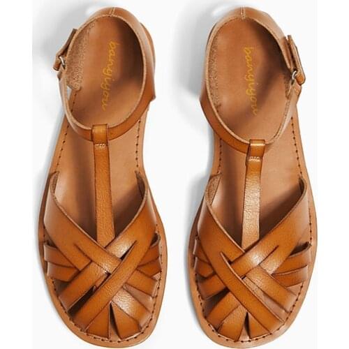 2021 Summer Flats Sandals Shoes Brown Genuine Leather Buckle Strap Gladiator Sandalias Femininas Flat Single Shoes Woman