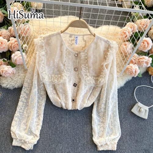 2021 spring new female beading lantern sleeve ruffles lace with chiffon shirts women elegant waist blouses fairy shirt