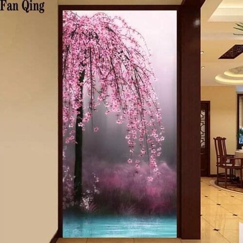 5d Diy Diamond Painting Pink peach tree lake full square/ round diamond embroidery mosaic Rhinestone home decor pictures