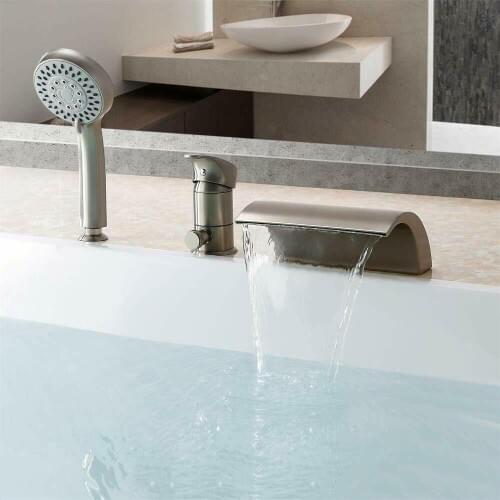 Free ship Brushed Nickel Roman Tub Faucet Waterfall Spout Bathtub Filler& Handshower Set deck mounted