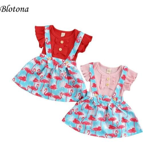 Blotona 2Pcs Toddler Girls Summer Outfits, Solid Color Ruffle Short Sleeves Romper +Flamingo Print Suspenders Dress 0-24 Months