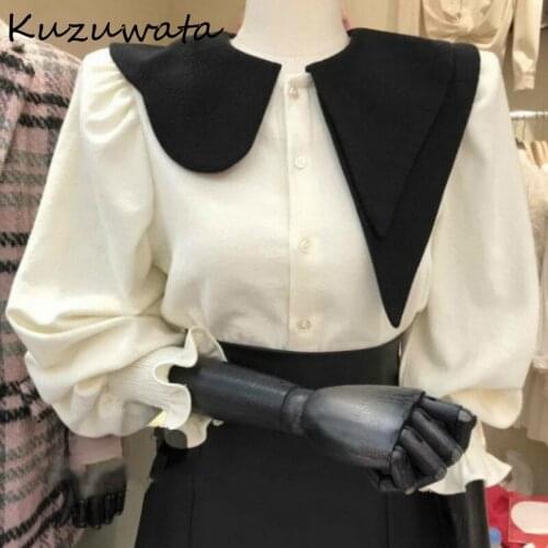 Kuzuwata Chic Irregular Peter Pan Collar Women Shirts 2021 Spring Sweet Cute Single Breasted Blouse Vintage Puff Sleeve Blusas