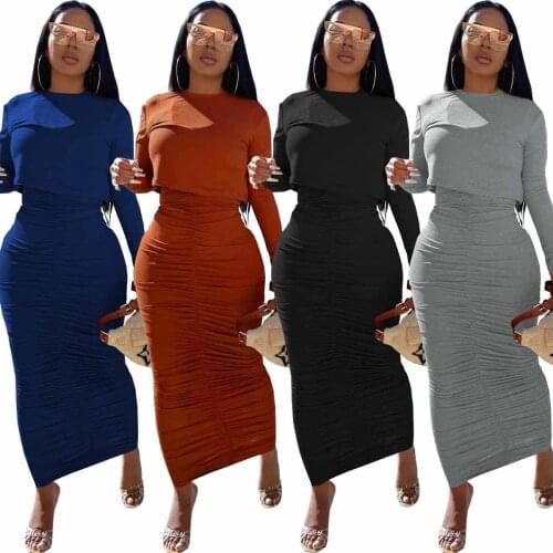 Elegant Solid Skirts Two Piece Set Women Casual O Neck Long Sleeve T Shirt Top + High Waist Ruched Skirts Slim Matching Set