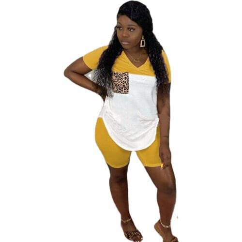 Fanco 2020 Womens Summer V-Neck Leopard Pocket Two-Piece Set Casual New Splice Top Pants Suit Hit Color