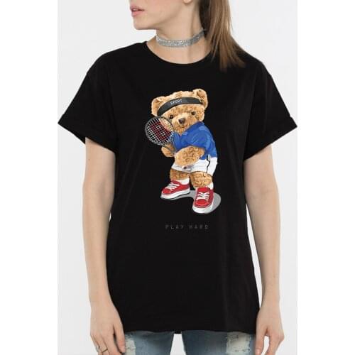 BLINGPAW Graphic T Shirts Teddy Bear Tennis Play Hard Letter Print T-shirt White Cotton Unisex Tees Summer Tee Shirts