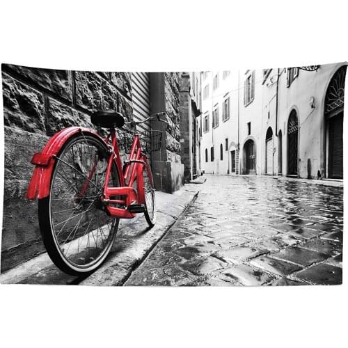 Classic Bike on Cobblestone Street in Italian Town Fabric Wall Hanging Black White