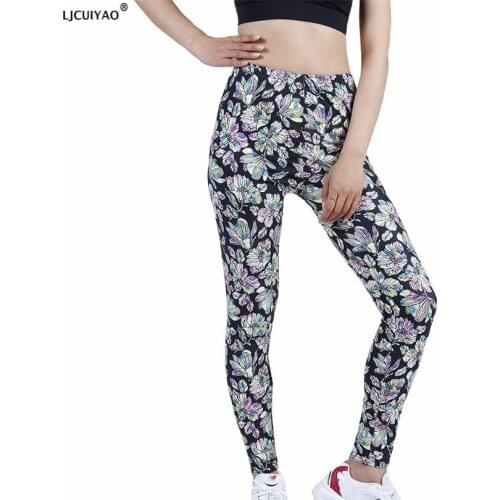 LJCUIYAO High Waist Leggings Push Up Sport Women Fitness Running Gym Yellow Pink Flower Ankle-Length Pants Polyester Trousers