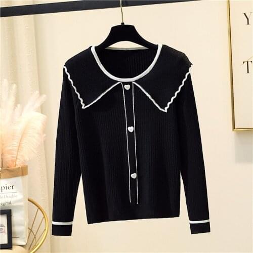 Sweet Ruffles Early Fall Knitted Pullovers Women Button Decoration Solid Outerwear Sweater Simple Age-reducing Cute Jumpers