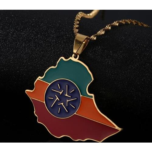 Stainless Steel Trendy Ethiopia Map Flag Pendant Necklaces Ethiopian Maps Chain Jewelry