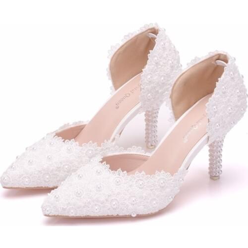 Spring Fashion Women Pumps Shoes Dress autumn Hollow Lace pearl Pointed Toe Wedges 7.5CM Delicate Sweet Wedding High Heel Shoes