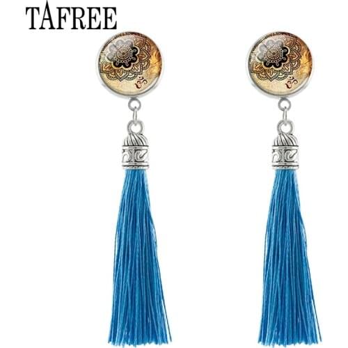 TAFREE New Yoga Tassel Earring Women pendientes Earring For Women Glass Dome Earbob Mandala Symbol Zen Buddhism D530