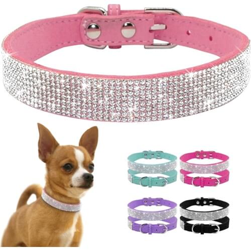 Didog Soft Suede Leather Puppy Dog Collar Adjustable Rhinestone Cat Pet Pink Collars Suit Small Medium Pets XS S M Chihuahua