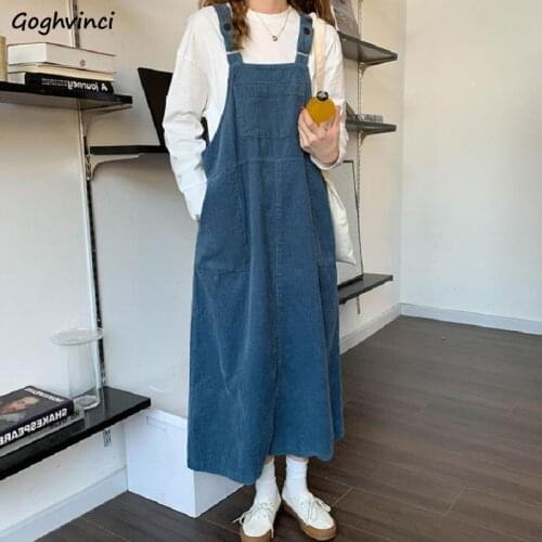 Sleeveless Dress Women Corduroy Retro Fashion Cute Lovely Autumn Teens Big Pocket Harajuku Kawaii Vintage Preppy Classic Simple