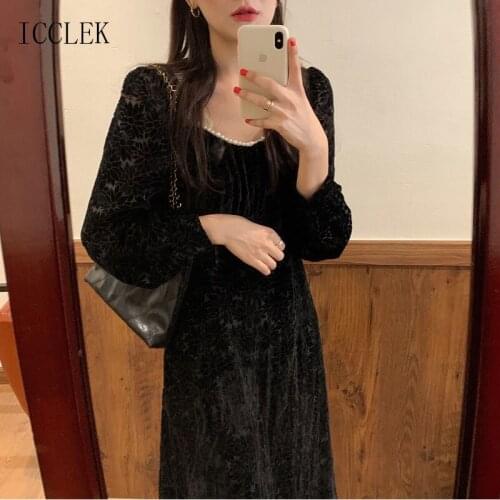 French Vintage Palace Style Dress 2021 Spring Fall New WomenS Clothing Flocked Dresses Square Neck Pearl Trim Vestido De Mujer