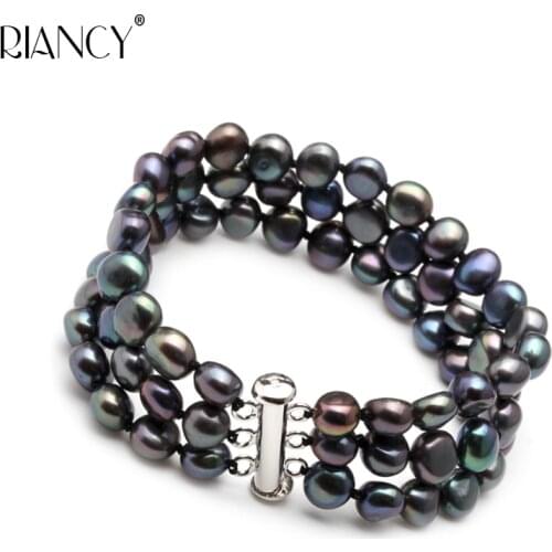 Real Beautiful freshwater 3 rows black pearl bracelet for women,girls birthday gift trendy bracelet