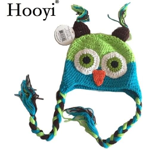Hooyi Owl Baby Boys Crochet Caps Children Hat Embroidery Wool Green Blue Ear Protector Kid Beanies Cute Animal Hats Winter Scarf