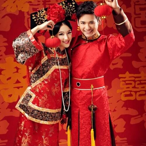 Manchu Traditional lover Clothing China Photo studio Wedding theme couple Costume bride groom Qing Dynasty wedding Robe dress